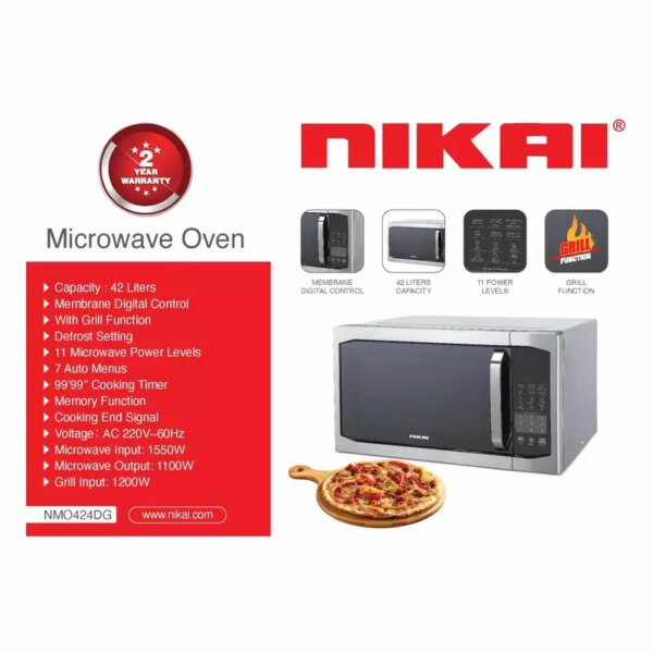 Nikai Microwave Oven 42L 1100W 11 Microwave Power Levels 7 Auto Menu with Defrost & Grill Function Membrane Digital Control Memory Function NMO424DG