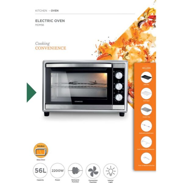 Kenwood 56L Toaster Oven Toaster Grill Large Capacity Double Glass Door Multifunctional With Rotisserie And Convection Function For Grilling Silver Stainless Steel MOM56.000SS