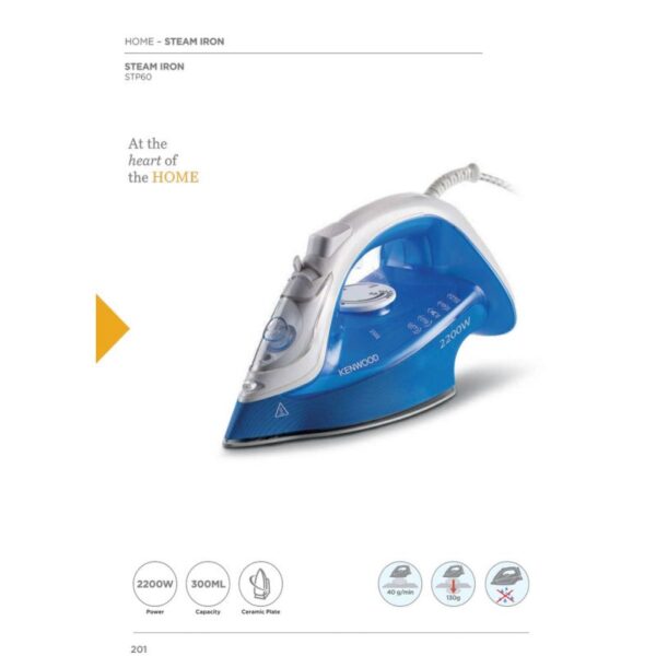 Kenwood Steam Iron 2200W with Ceramic Soleplate Anti-Drip Anti-Calc Self Clean Continuous Steam Burst Spray Function STP60.000WB