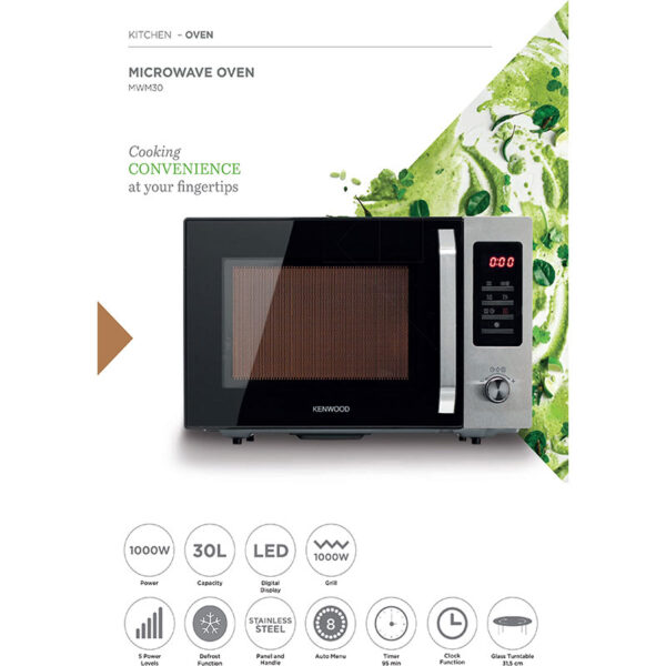 Kenwood 30L Microwave Oven with Grill Digital Display 5 Power Levels Defrost Function Stainless Steel Auto Menu 95 Minutes Timer Clock Function 1000W MWM30.000BK