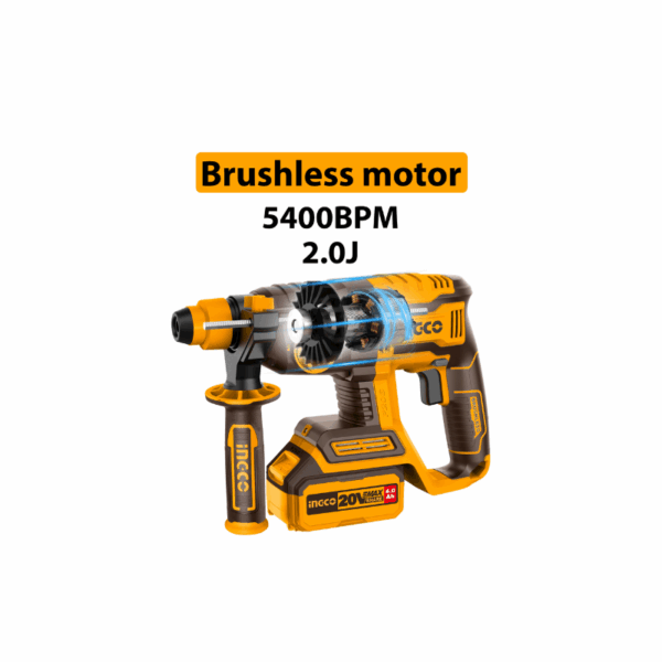 Ingco Cordless Rotary Hammer Lithium-ion 20V with Brushless Motor, Integrated LED Work Light CRHLI202081