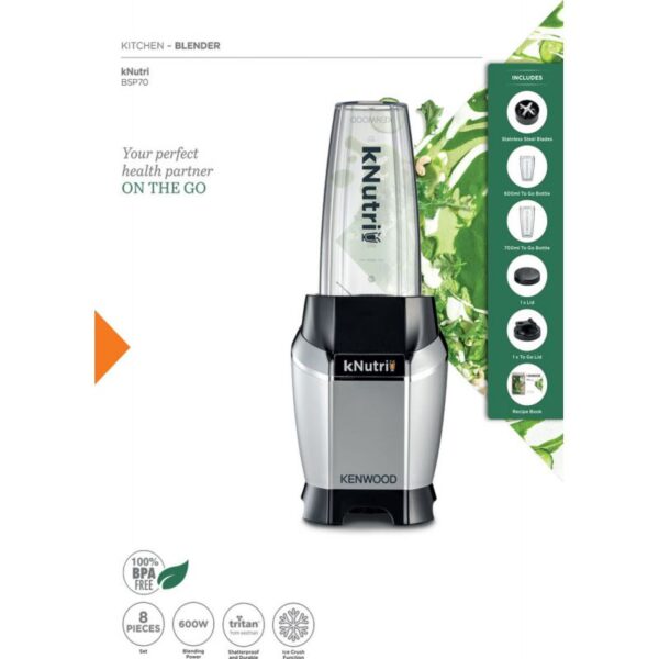 Kenwood Personal Blender 600W Smoothie Blender/Smoothie Maker 600W with 2 x 700ml & 600ml Tritan Smoothie2Go Bottle and Lid Ice Crush Function BSP70.180SL