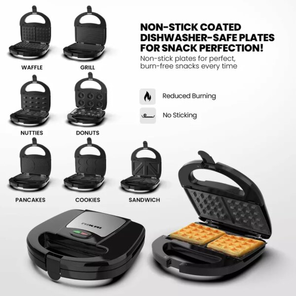 Nikai Sandwich Grill & Multi Snack Maker 750W 2 Slot Non-Stick 7-in-1 Interchangeable Plates for Grill Toaster Pancakes Cookies Waffles Donuts Cupcakes & Nutties Dishwasher Safe - NGT727D