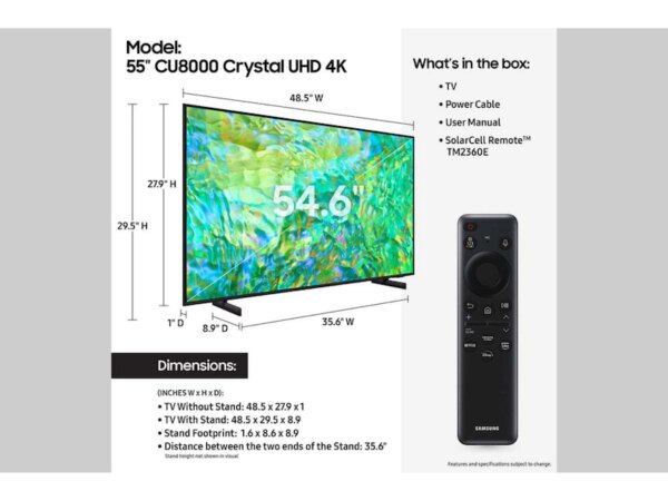 Samsung 55" LED UHD Smart TV with Dynamic Crystal Color, Crystal Processor 4K, Air Slim Design 55CU8000