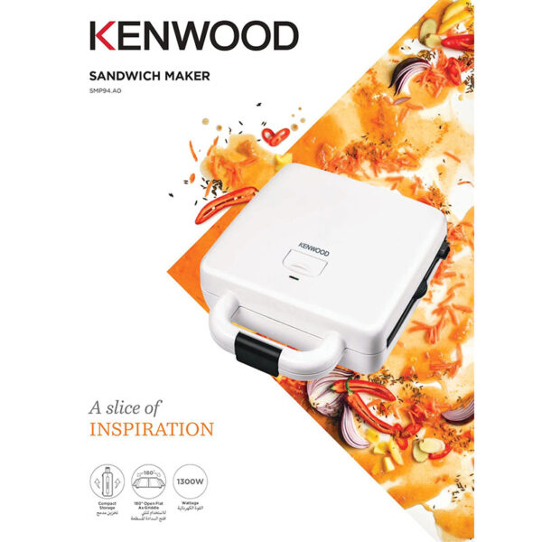Kenwood Sandwich Maker 1300W 4 Slots 2-in-1 Sandwich Maker & Grill (180° Open Flat for Using as a Griddle) with 2 Sets of Non Stick Multifunctional Plates for Grilling and Toasted Sandwiches SMP94.A0WH
