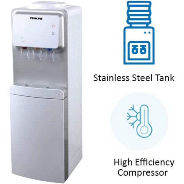 Nikai Water Dispenser 3 Taps with Storage Cabinet Anti-bacterial Child Lock CFC Free Triple Faucet Dispensing Removable Drip Tray Inner Stainless Steel Tank NWD1900C