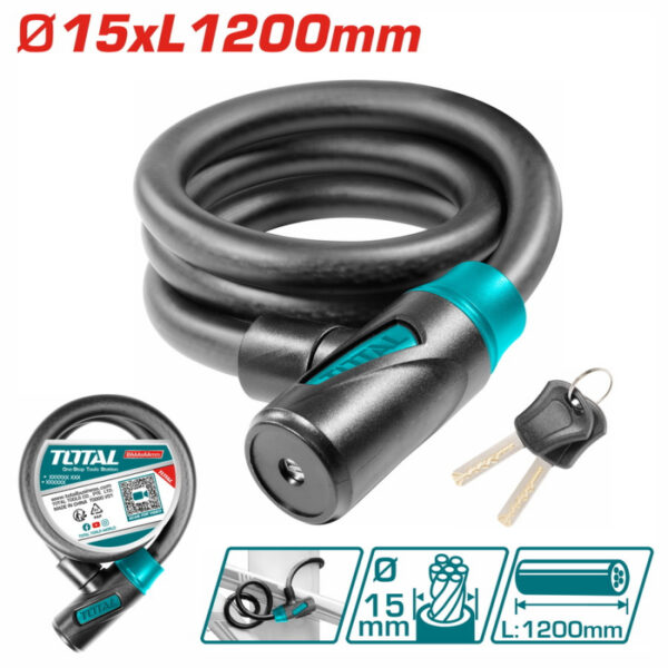 Total Padlocks Bicycle Lock 15x1200mm, Can Be Rolled Up for Easy Storage with 2pcs Iron Keys TBK11512