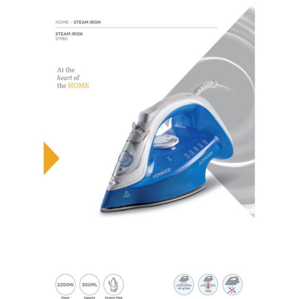 Kenwood Steam Iron 2200W with Ceramic Soleplate Anti-Drip Anti-Calc Self Clean Continuous Steam Burst Spray Function STP60.000WB