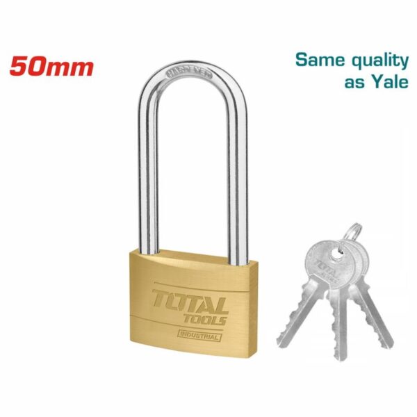 Total Brass Padlock Heavy Duty Long Shackle 50mm, Solid Brass Cylinder with Pins, 3pcs Brass Keys TLK32502L
