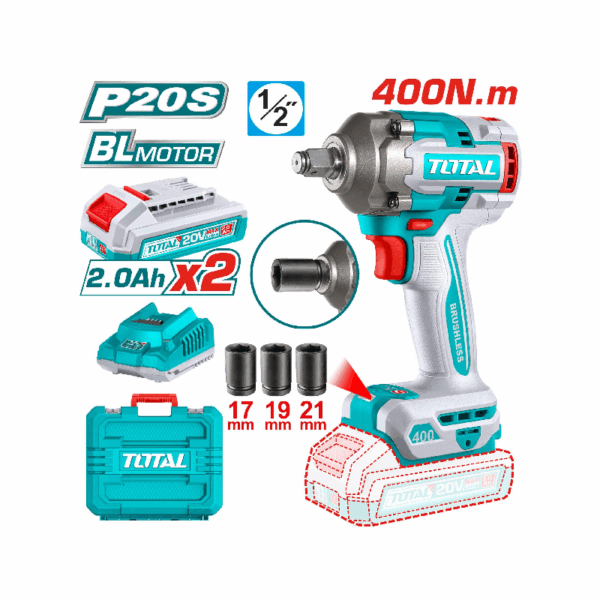 Total Cordless Impact Wrench 1/2" Lithium-ion 20V with Brushless Motor, Integrated LED Work Light, Battery & Charger TIWLI2040