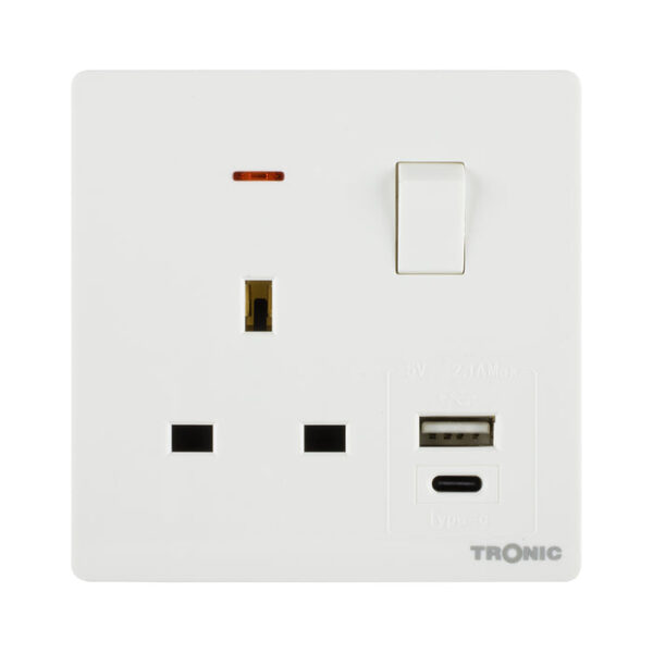 Tronic Single Switch Socket with USB + Type C