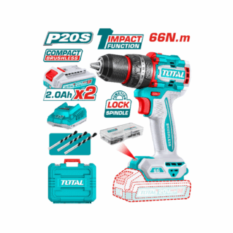 Total Cordless Impact Drill 66Nm Lithium-ion 20V with Brushless Motor, 47pcs Accessories, 3pcs Masonry Drill Bits, 2pcs 2.0Ah Battery, 1pc Charger TIDLI20668