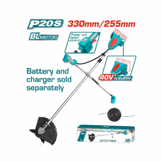 Total Cordless String Trimmer & Brush Cutter 330mm with Brushless Motor, Trimmer Head, 3T Blade, Shoulder Strap, 2pcs Battery & Charger TSTLI20018