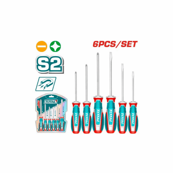 Total Screwdriver Set with S2 Blade, Strong Magnetic Pull, Ergonomic Handle TKSDS0626 (Pack of 6pcs)