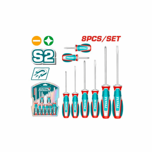 Total Screwdriver Set with S2 Blade, Round Shank TKSDS0826 (Pack of 8pcs)