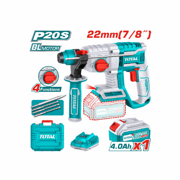 Total Cordless Rotary Hammer Drill 2.0J SDS PLUS Lithium-ion 20V with 3pcs Drill Bits, Chisel, 4.0Ah Battery, Charger TRHLI202081
