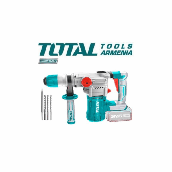 Total Cordless Rotary Hammer Drill 4.5J SDS PLUS Lithium-ion 20V with 3pcs Drill Bits, 4.0Ah Battery, Charger, Chisel, Grease Tube TRHLI202882