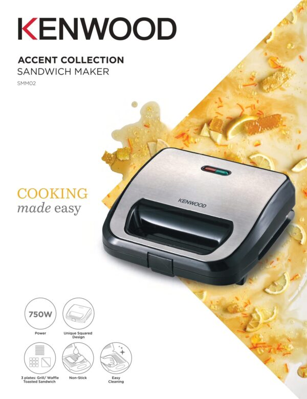 Kenwood Sandwich Maker 3 In 1 Sandwich Grill/Griddle Waffle 3 Sets of Non Stick Multifunctional Plates for Grilling Toasted Sandwiches and Waffles SMM02.000SI