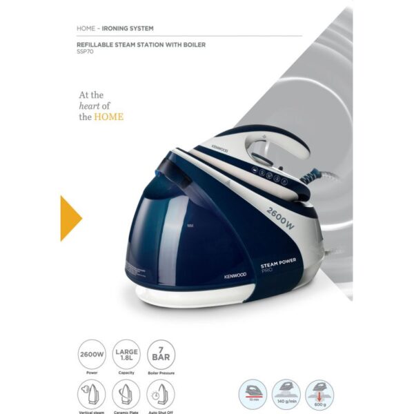 Kenwood Steam Iron Steam Station 2600W With 1.8L Water Tank Capacity Ceramic Soleplate 7 Bar Boiler Pressure 600G Steam Shot Anti Drip Auto Shut Off Self Clean BP SSP70.000WB