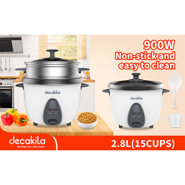 Decakila Rice Cooker 2.8L 700W 10 Cups w/ Automatic Cooking Steamer Tray and Warmer Function| Removable Non-Stick Bowl Measuring Cup and Spatula KEER035W