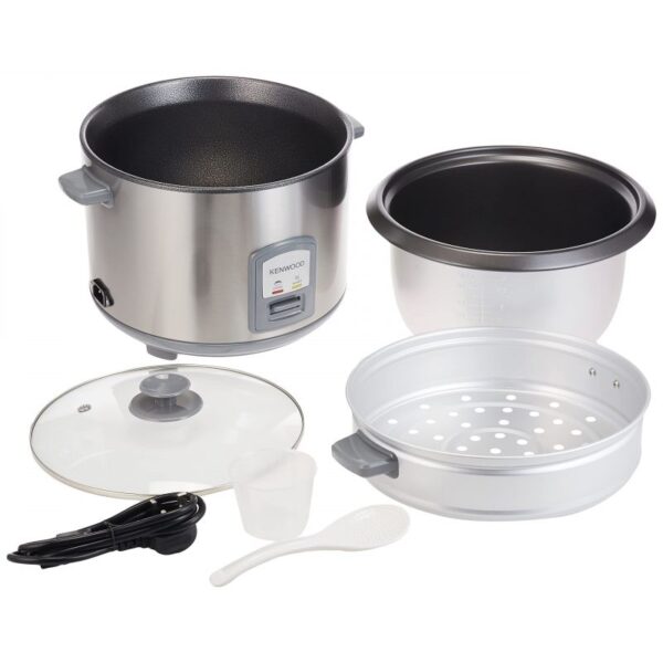 Kenwood 2-in-1 Rice Cooker 2.8L 16-Cups Rice with Food Steamer Basket Non-Stick Cooking Pot Temepered Glass Lid Warm/Cook Lights Spatula Holder Detachable Cord RCM71.000SS