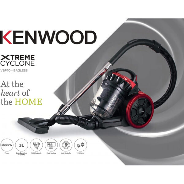 KENWOOD Vacuum Cleaner 2200W Multi Cyclonic Bagless Canister Vacuum Cleaner 3.5L with 5m Cable Multi-Surface Cleanable Hepa Filter Anti Bacteria Pet Care for Home & Office VBP80.000RG Grey/Red