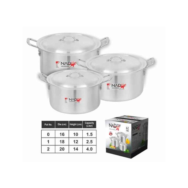Nadstar Cookware Set 3Pcs Set With Lid & Handle Metal Finish Sufuria 1.5L 2.5L 4L 0x2
