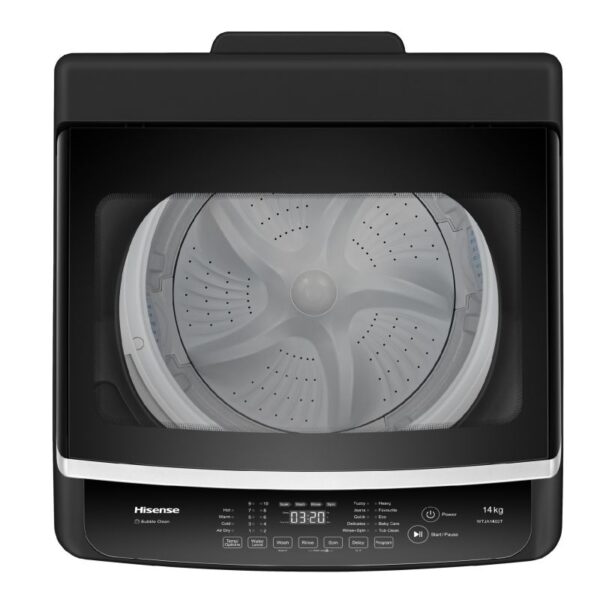 Hisense Washing Machine 14kg, Top Load Automatic Bubble Clean, Air Dry Function, Soak Function, Double Water Inlets, Child Lock Function Silver WTJA1402BT