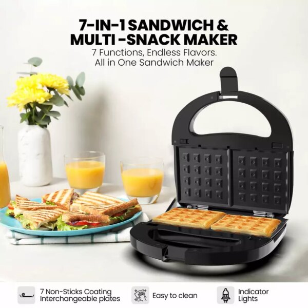 Nikai Sandwich Grill & Multi Snack Maker 750W 2 Slot Non-Stick 7-in-1 Interchangeable Plates for Grill Toaster Pancakes Cookies Waffles Donuts Cupcakes & Nutties Dishwasher Safe - NGT727D