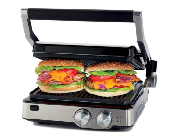 Kenwood Grill 2000W Contact Health Grill Panini Press with Variable Temperature Timer 3 Grill Positions for Panini Burger Sandwich Pizza Steak Chicken Fish Vegetables HGM80.000SS