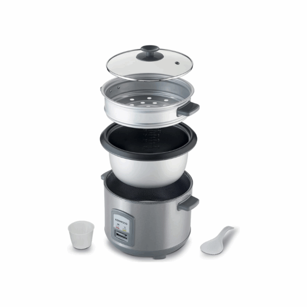 Kenwood 2-in-1 Rice Cooker 2.8L 16-Cups Rice with Food Steamer Basket Non-Stick Cooking Pot Temepered Glass Lid Warm/Cook Lights Spatula Holder Detachable Cord RCM71.000SS