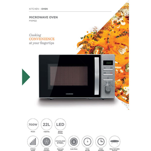 Kenwood 22L Microwave Oven with Digital Display 5 Power Levels Defrost Function Stainless Steel Auto Menu 95 Minutes Timer Clock Function 700W MWM22.000BK