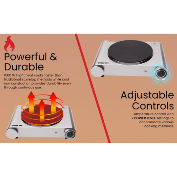Nikai Electric Hot Plate 1 Plate 1500W Die Cast Iron Hotplates of 188MM Adjustable Thermostat Control NKTOE4N2