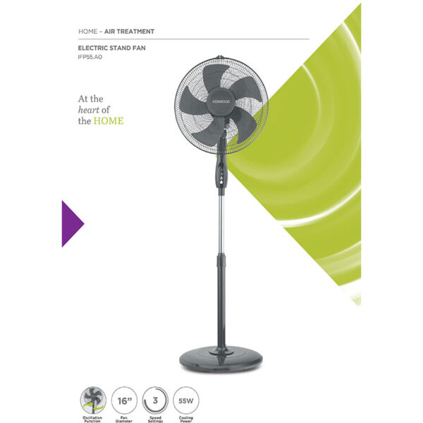 Kenwood Stand Fan 16" 50W with Plastic Blade 3 Speed Settings Oscillation Function Adjustable Height IFP55.A0SI
