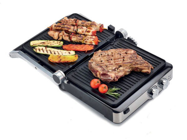 Kenwood Grill 2000W Contact Health Grill Panini Press with Variable Temperature Timer 3 Grill Positions for Panini Burger Sandwich Pizza Steak Chicken Fish Vegetables HGM80.000SS
