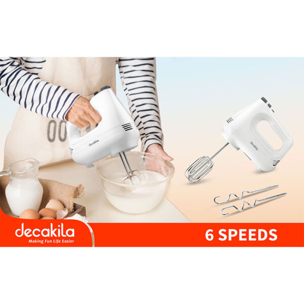 Decakila Hand Mixer 200W 6 Speed With Turbo White Steel Beaters & Hook With Speed Control Knead or Beat & Mix KEMX001W