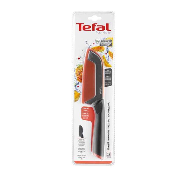Tefal Fresh Kitchen Santoku Knife With Cover 12cm Titanium Non Stick Coating Ideal For Slicing & Chopping All Types of Food High Performance Stainless Steel K1220104