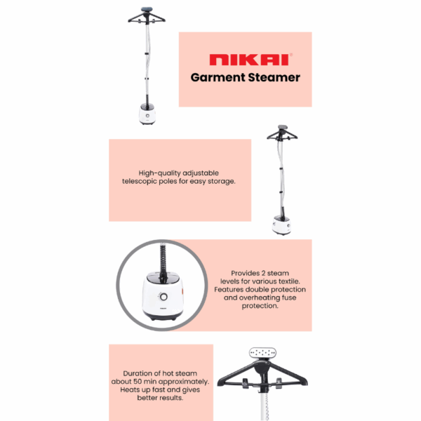 Nikai Garment Steamer 1600W 1.8L Duration of Steam 50min 45s Preheat 2L Water Tank Floor Standing Plastic NGS566A