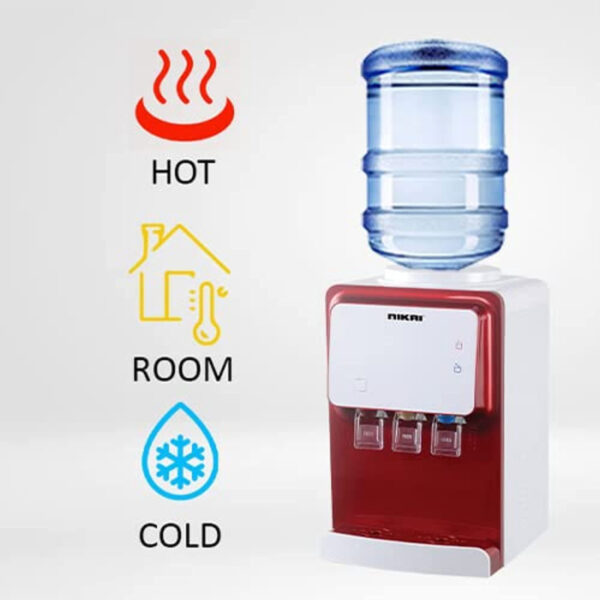 Nikai Water Dispenser Table Top Anti-Bacterial Child Lock CFC Free Triple Faucet Dispensing Removable Drip Tray Inner Stainless Steel NWD1900T Red