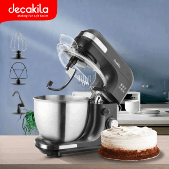 Decakila Stand Mixer 600W 5L 7 Speeds 3 Attachments Lift-able Head Mixer With Transparent Splash Guard Plastic Body With Stainless Steel Decoration Ring KEMX003B