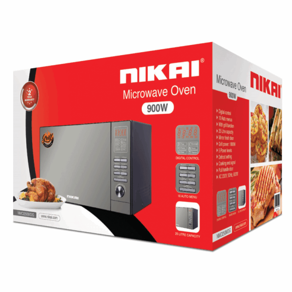 Nikai Microwave 25L 1000W with Grill Digital 5 Levels Mirror Finish 10 Auto Cook Mode Child Lock DeFrost By Weight Kitchen Timer NMO250MDG