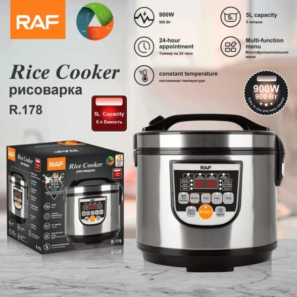 RAF Rice Cooker 5L 900W, Multi Function Menu, Constant Temperature, 24 Hour Timer, Fry, Heat, Steam, Bake & Stew R.178