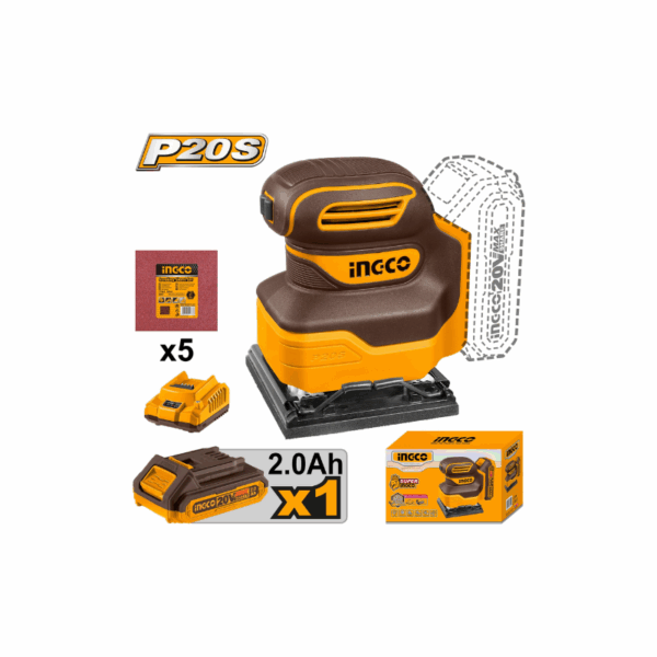Ingco Cordless Sheet Sander 20V with Battery & Charger, 5pcs Sand Paper CSHSLI20141
