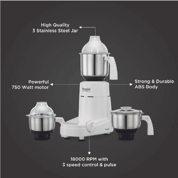 Preethi Chef Pro Mixer Grinder 750W with 2 Stainless Steel Jars, Overload Protector MG128/08