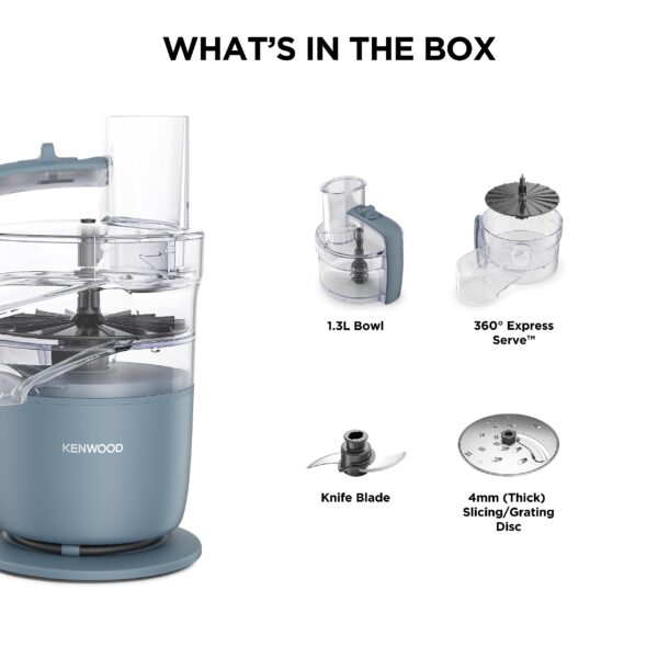 Kenwood Food Processor 650W MultiPro Go Chopping Slicing Grating Pureeing and Kneading Dough with Express Serve 1.3L Bowl Knife blade 4mm Slicing/Grating Disk FDP22.130GY