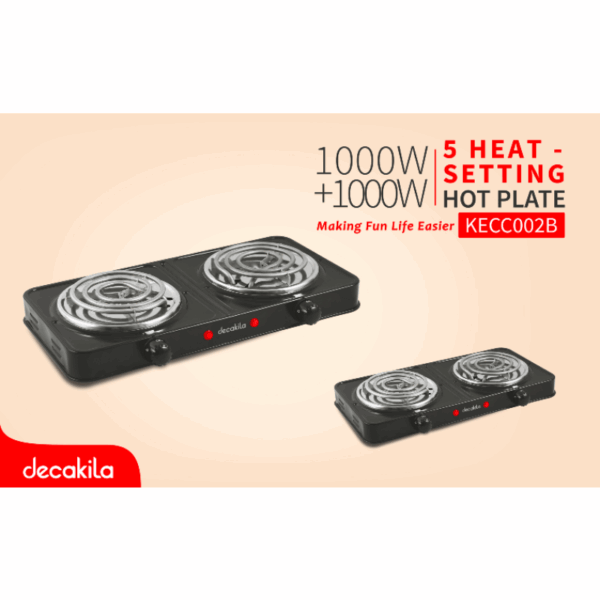 Decakila Coil Plate Double 2000W 2 Burner Plate 5 Heat Setting Stainless Burner Cap Light Indicator - Auto-Thermostat Control KECC002B