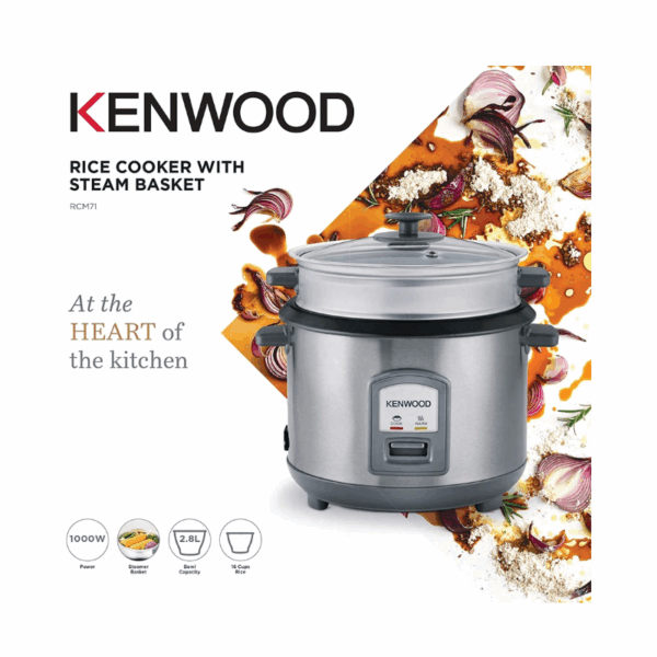 Kenwood 2-in-1 Rice Cooker 2.8L 16-Cups Rice with Food Steamer Basket Non-Stick Cooking Pot Temepered Glass Lid Warm/Cook Lights Spatula Holder Detachable Cord RCM71.000SS