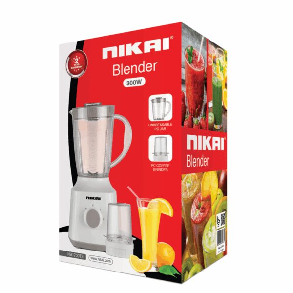 Nikai Blender 1.5L 1mill 300W Jar Capacity 2 Speeds Pulse Function Unbreakable PC Jar Measuring Cup Stainless Steel Blades Perfect for Dry & Wet Fine Grinding Mixing & Juicing - NB1700T3