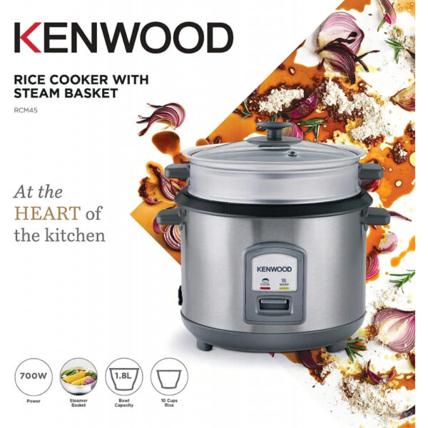 Kenwood 2-in-1 Rice Cooker 1.8L 10-Cups Rice with Food Steamer Basket Non-Stick Cooking Pot Temepered Glass Lid Warm/Cook Lights Spatula Holder Detachable Cord RCM45.000SS
