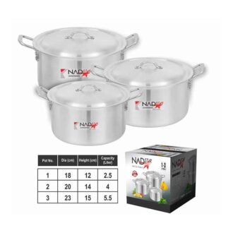 Nadstar Cookware Set 3Pcs Set With Lid & Handle Metal Finish Sufuria 2.5L 4L 5L 1x3